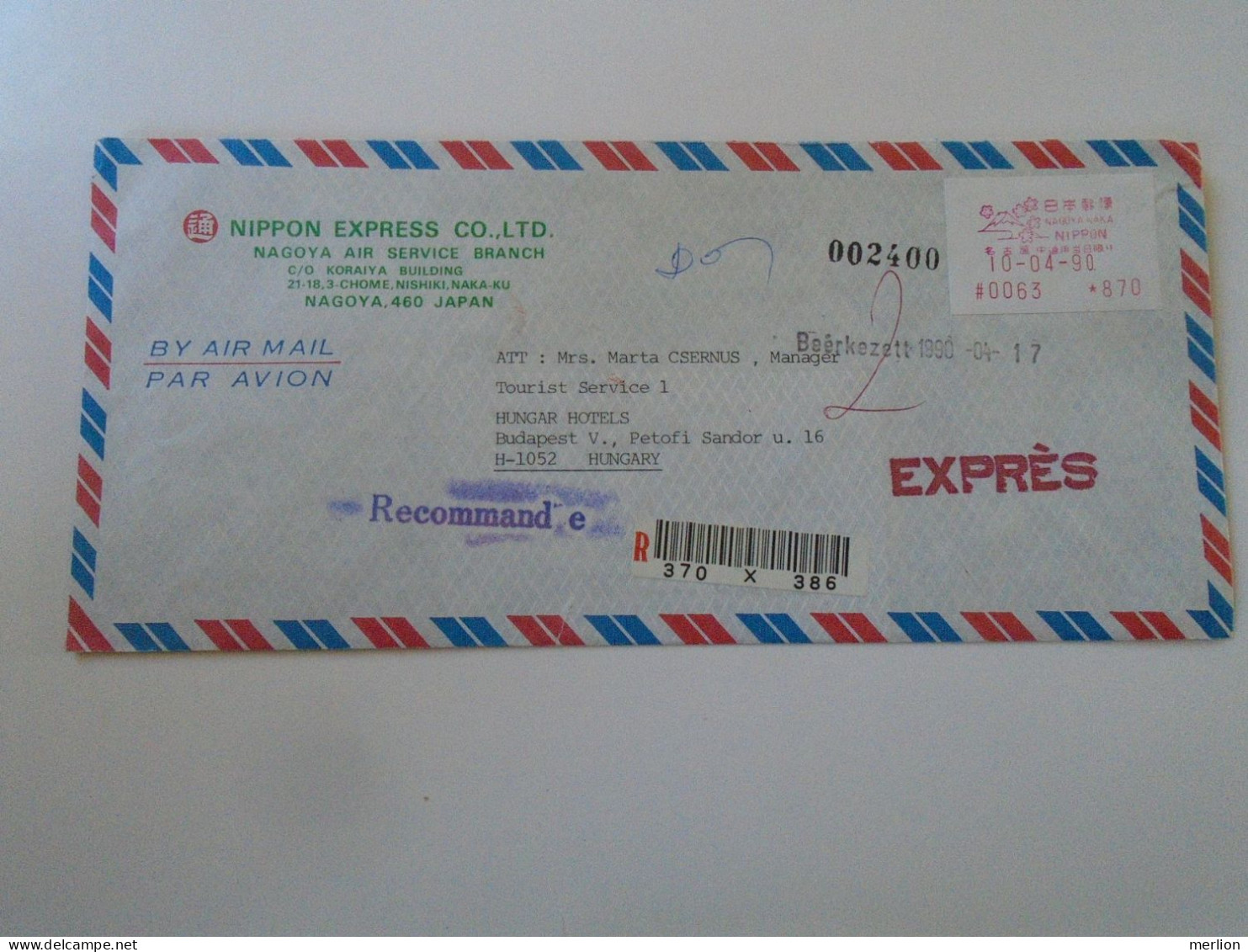 D198151   JAPAN  -Registered  Airmail Cover 1990 Nagoya Air Service  EMA Red Meter Label - Sent To Hungary - Brieven En Documenten