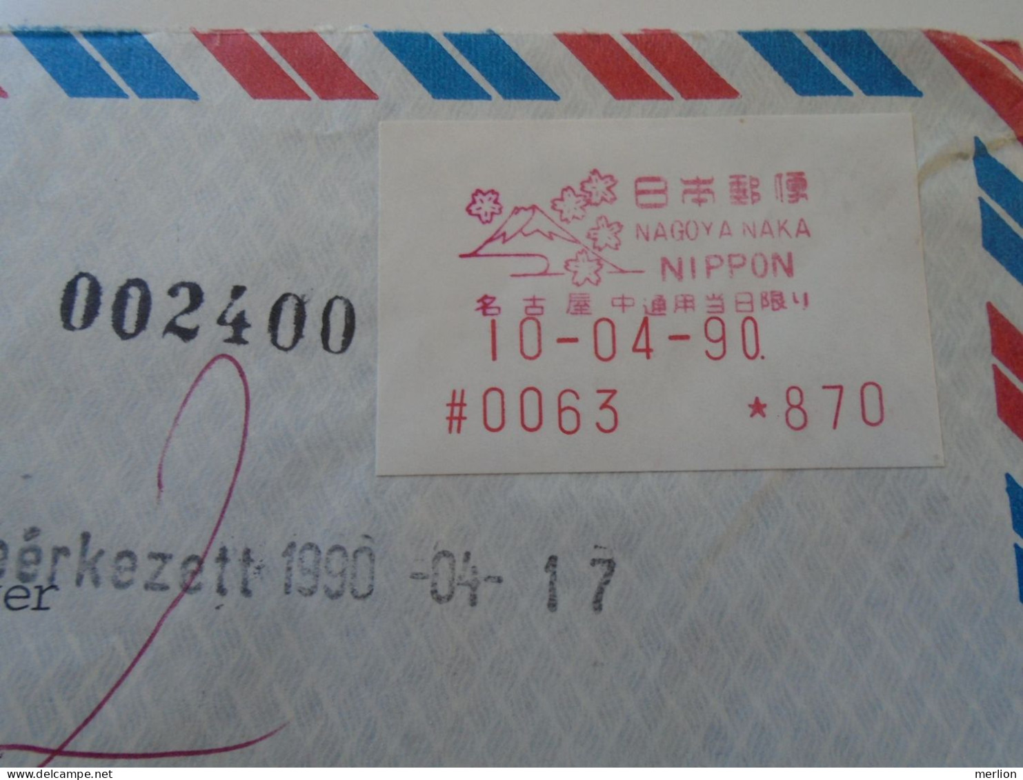 D198151   JAPAN  -Registered  Airmail Cover 1990 Nagoya Air Service  EMA Red Meter Label - Sent To Hungary - Covers & Documents