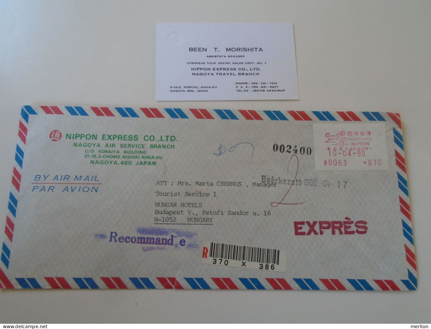 D198151   JAPAN  -Registered  Airmail Cover 1990 Nagoya Air Service  EMA Red Meter Label - Sent To Hungary - Brieven En Documenten