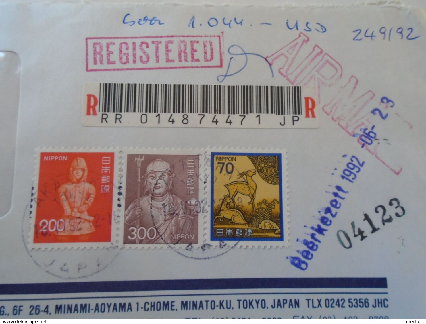 D198152  JAPAN  -Registered Airmail Cover 1992 TOKYO  JHC Co. LTD     Sent To Hungary - Brieven En Documenten