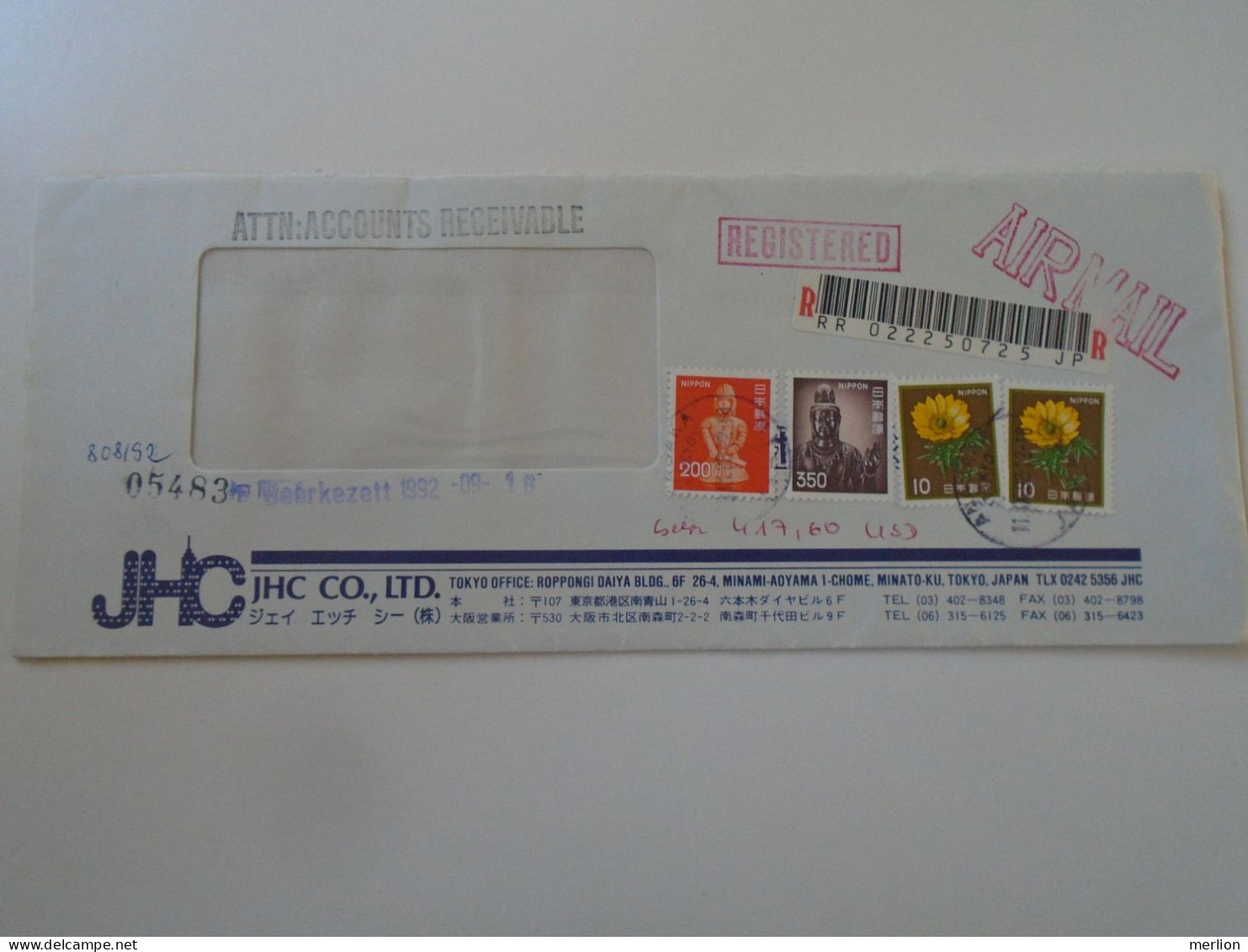 D198153 JAPAN  -Registered Airmail Cover 1992 TOKYO  JHC Co. LTD     Sent To Hungary - Brieven En Documenten