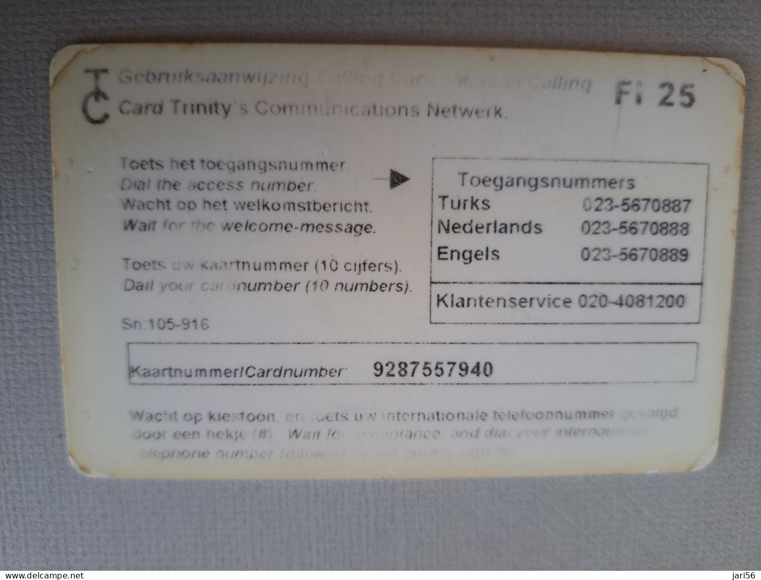 NETHERLANDS /  PREPAID /  TRINITYS COMMUNICATIONS/ TC/ OLDER CARD  /      HFL 25,-/  USED  ** 15290** - Privadas