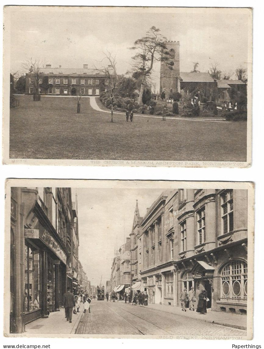 2 Photogravure Postcards, Northamptonshire, Northampton, Gold Street, Abington Park, Museum, Church. 1920. - Northamptonshire