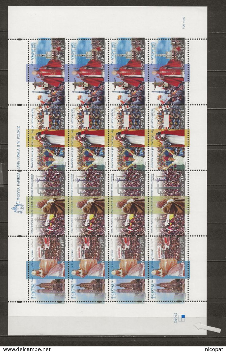 POLAND MNH ** 3545-3548 Bande La Feuille Pape Jean Paul II En Pologne Cracovie Rio De Janeiro Fatima Paris Tour Eiffel - Full Sheets