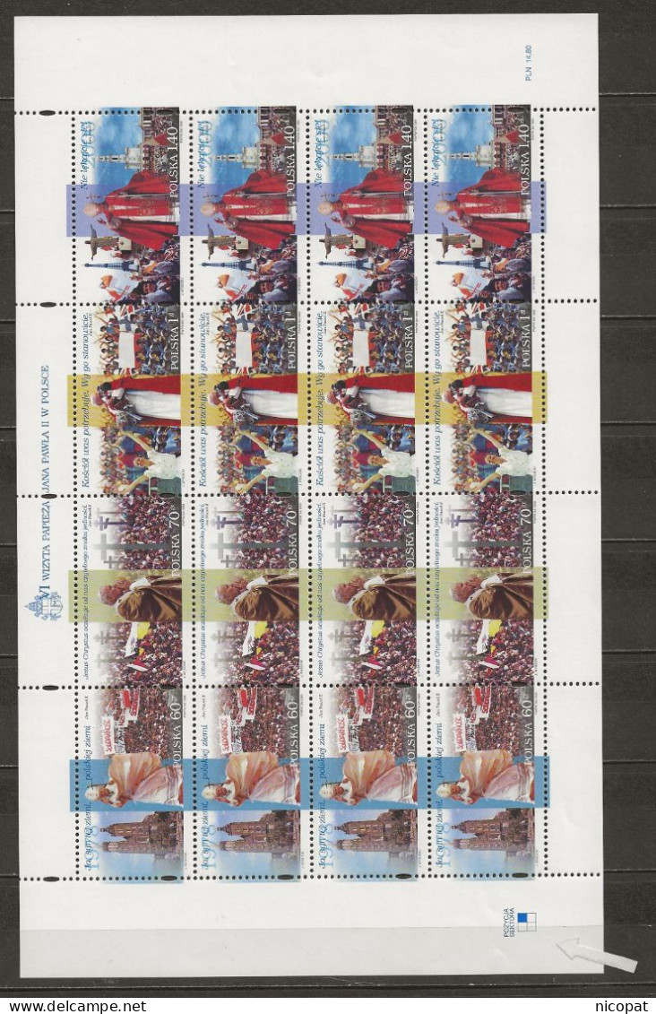 POLAND MNH ** 3545-3548 Bande La Feuille Pape Jean Paul II En Pologne Cracovie Rio De Janeiro Fatima Paris Tour Eiffel - Full Sheets