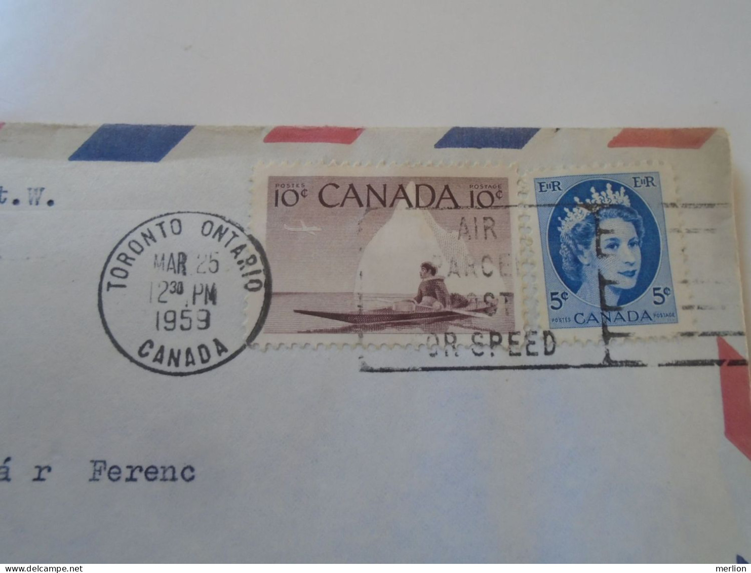 D198159  Canada Airmail Cover  1959  Toronto   Ontario     Stamp   Canoe  And QEII   Sent To Hungary - Storia Postale
