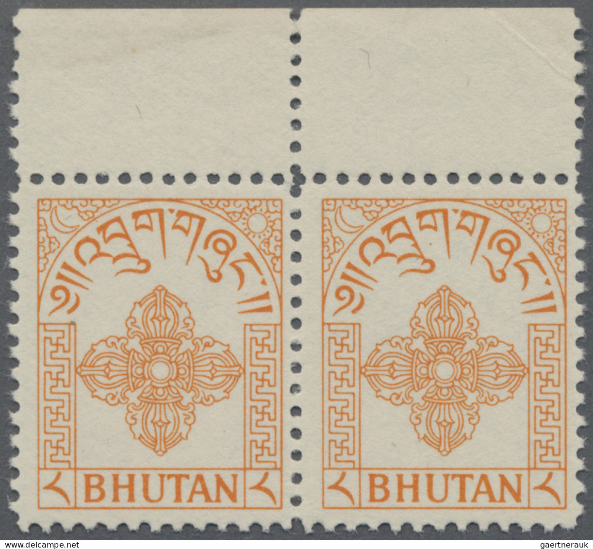 Bhutan: 1955 First Issue, 1sh. Blue, 2sh. Carmine And 8sh. Orange Each In Block - Bhutan