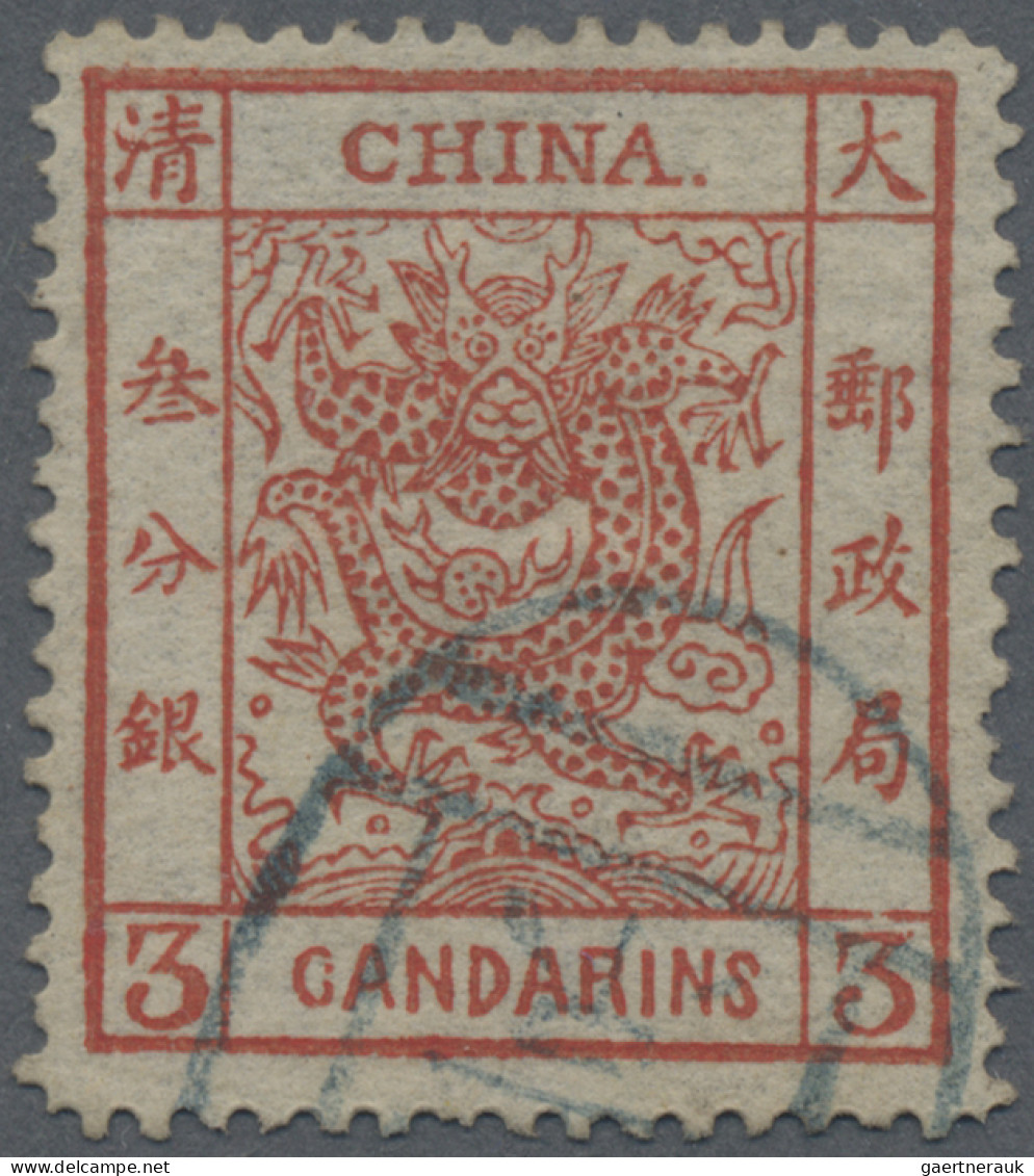 China: 1878, Large Dragon Thin Paper 3 Ca. Dark Red, Canc. Blue Seal "(Pe)king", - Autres & Non Classés