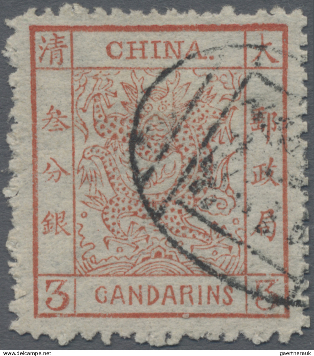 China: 1883, Large Dragon Thick Paper 3 Ca. Red Canc. Black Seal (Michel €350) - 1912-1949 República