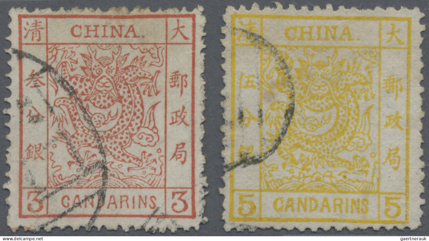 China: 1883, Large Dragon Thicker Paper, 3 Ca. Red Canc. Black Seal, 2mm Tear In - 1912-1949 Republic