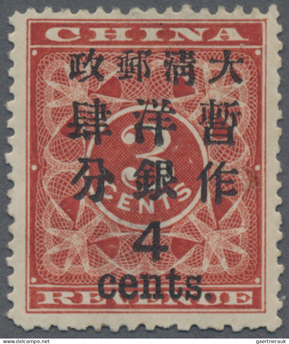 China: 1897, Red Revenue Large 4 Cents./3 C., Unused Mounted Mint (Michel €2500) - 1912-1949 Republic