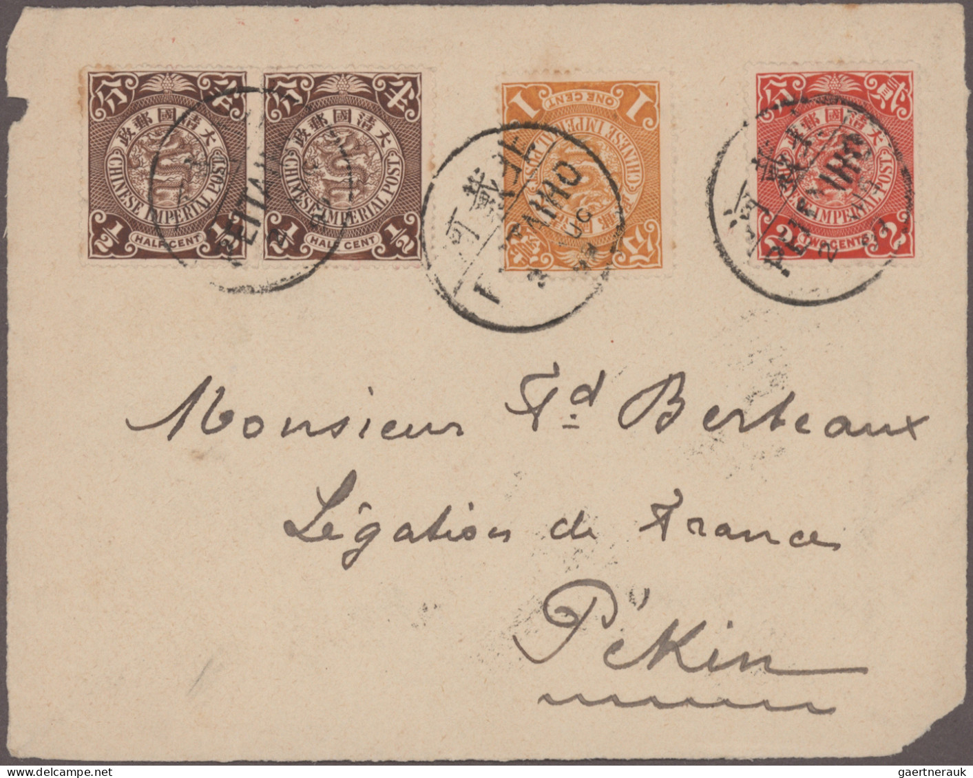 China: 1898, coiling dragons, five cover fronts used to Peking: 2 C. franks with