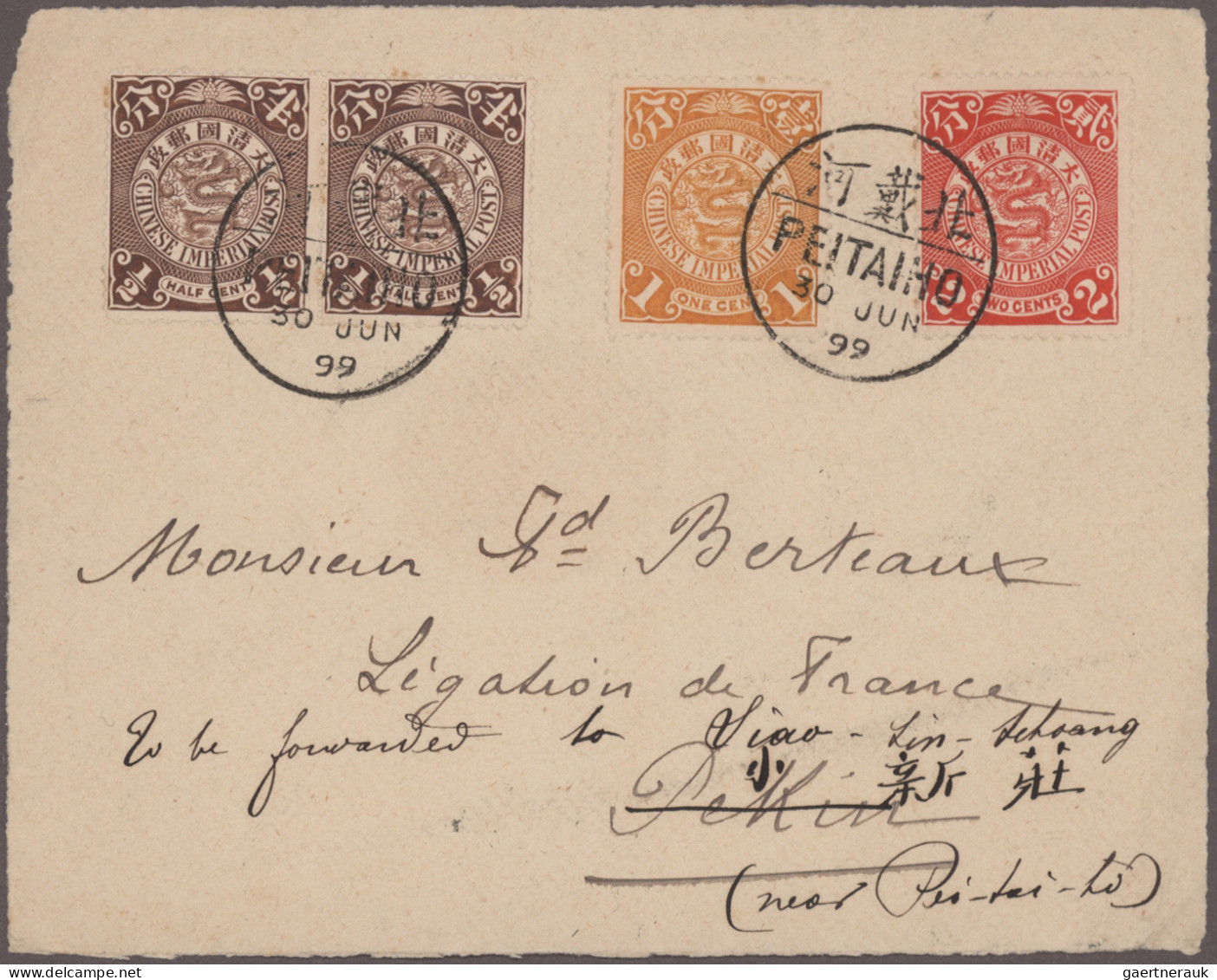 China: 1898, coiling dragons, five cover fronts used to Peking: 2 C. franks with