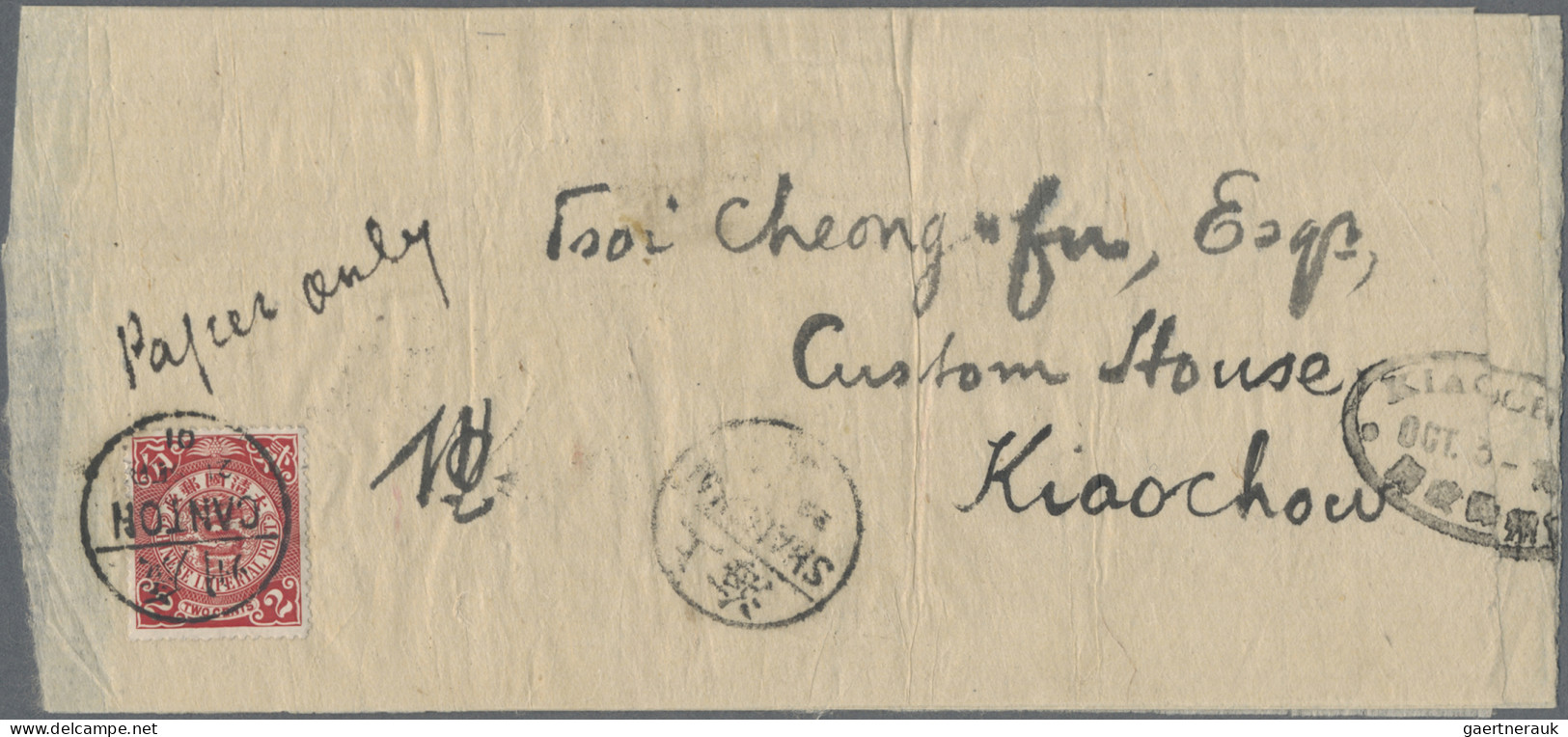 China: 1898, Coiling Dragon 2 C. Carmine Tied Bisected Bilingual "CANTON 21 SEP - 1912-1949 Republic