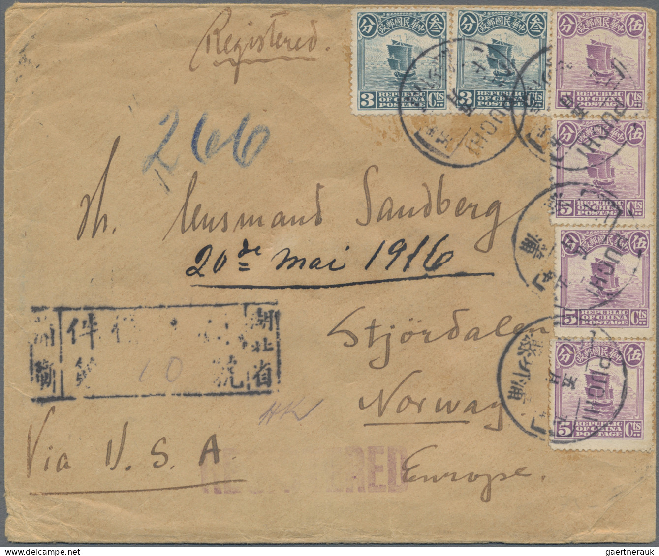 China: 1915, Registered Cover Addressed To Stjördalen, Norway Bearing Two Junk F - Lettres & Documents