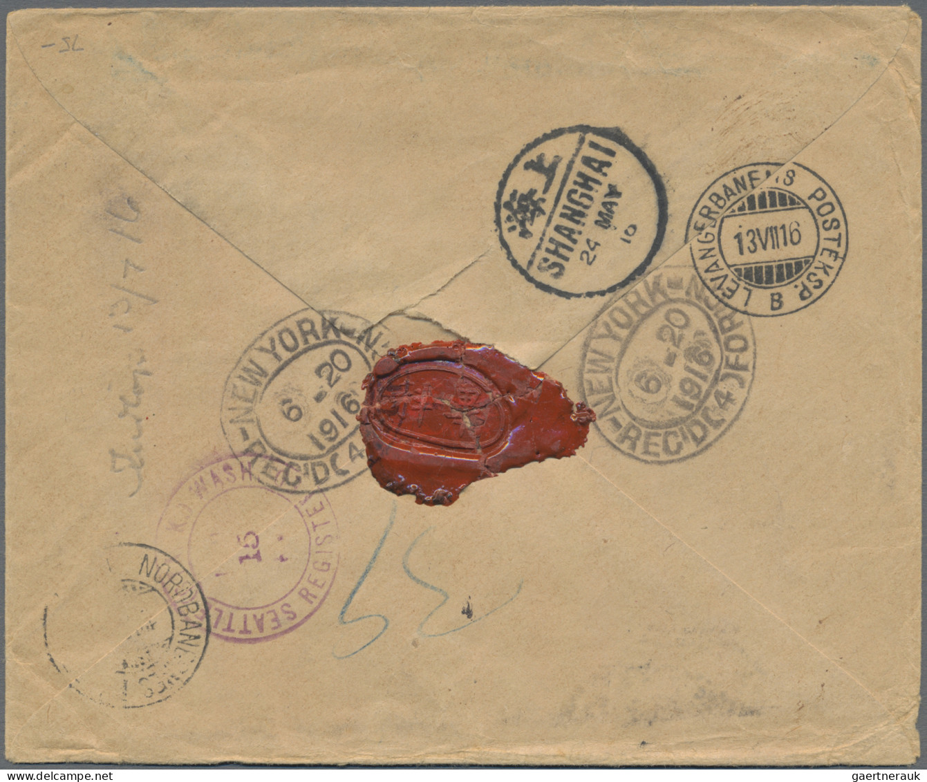 China: 1915, Registered Cover Addressed To Stjördalen, Norway Bearing Two Junk F - Lettres & Documents