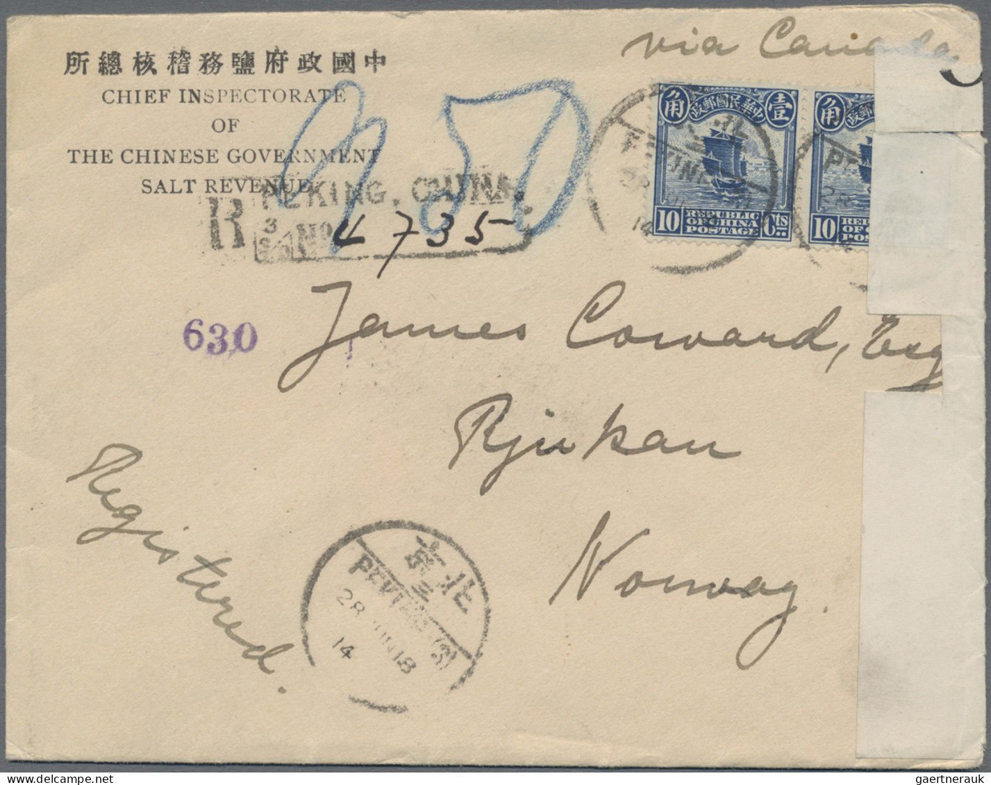 China: 1915, Registered Cover Addressed To Rjukan, Norway Bearing Junk Second Pe - Covers & Documents