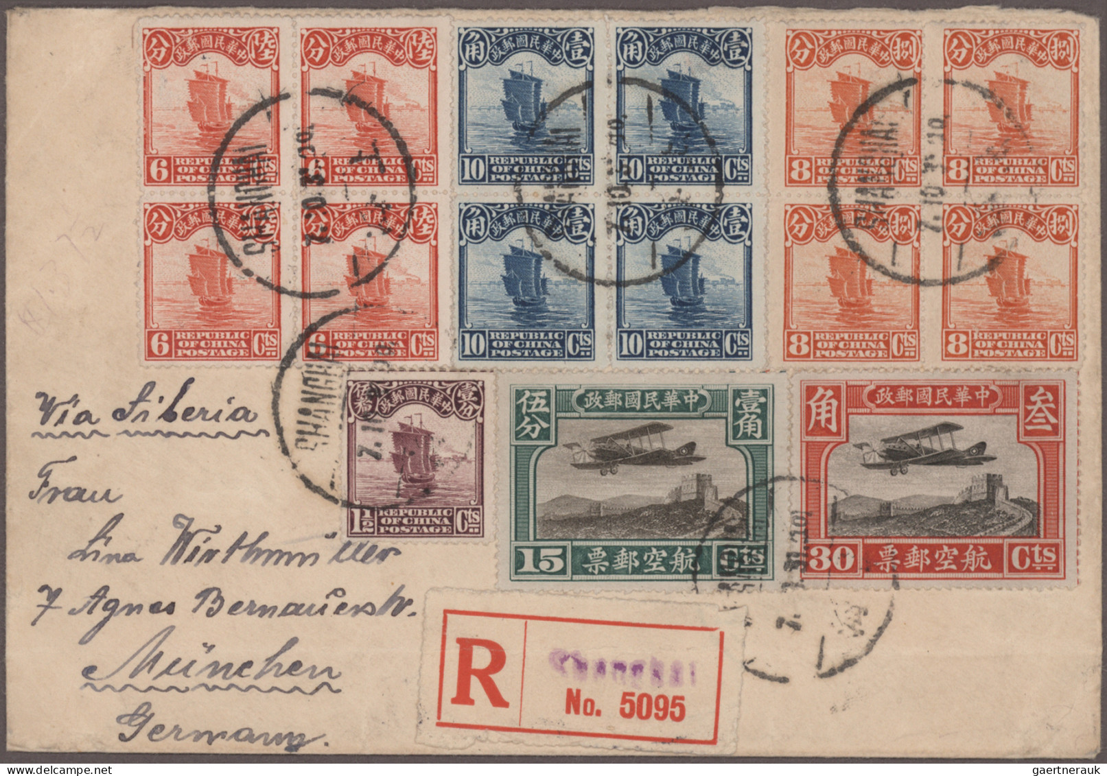 China: 1923/31, Junks 6 C. Red, 8 C., 10 C. Each A Block-4 And 1½ S. Single With - Lettres & Documents