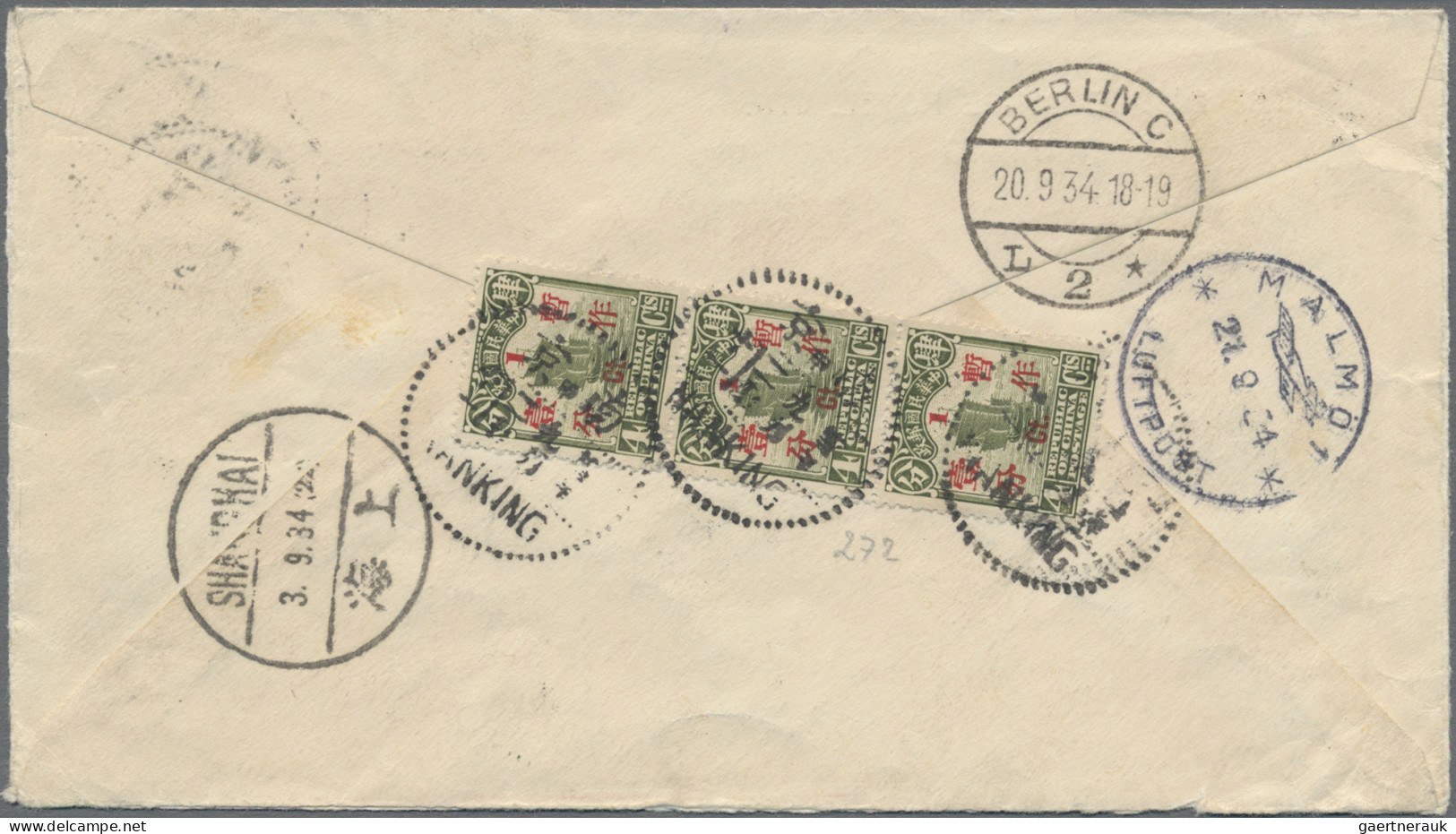 China: 1923/35, Early Airmail Cover Addressed To Sweden Bearing Three Junk Secon - Storia Postale