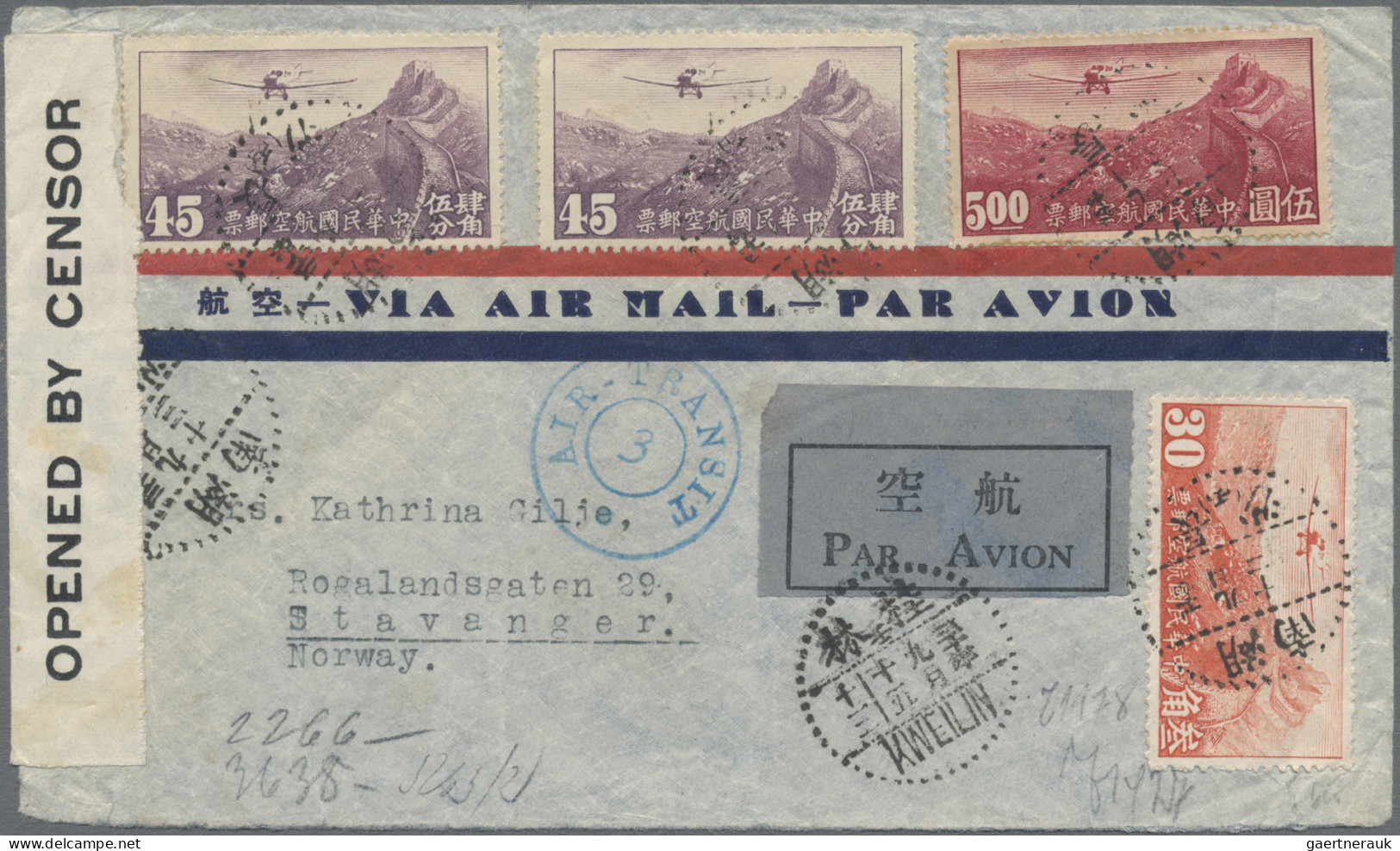 China: 1932/41, Airmail Cover Addressed To Stavanger, Norway Bearing Airmail Def - Cartas & Documentos