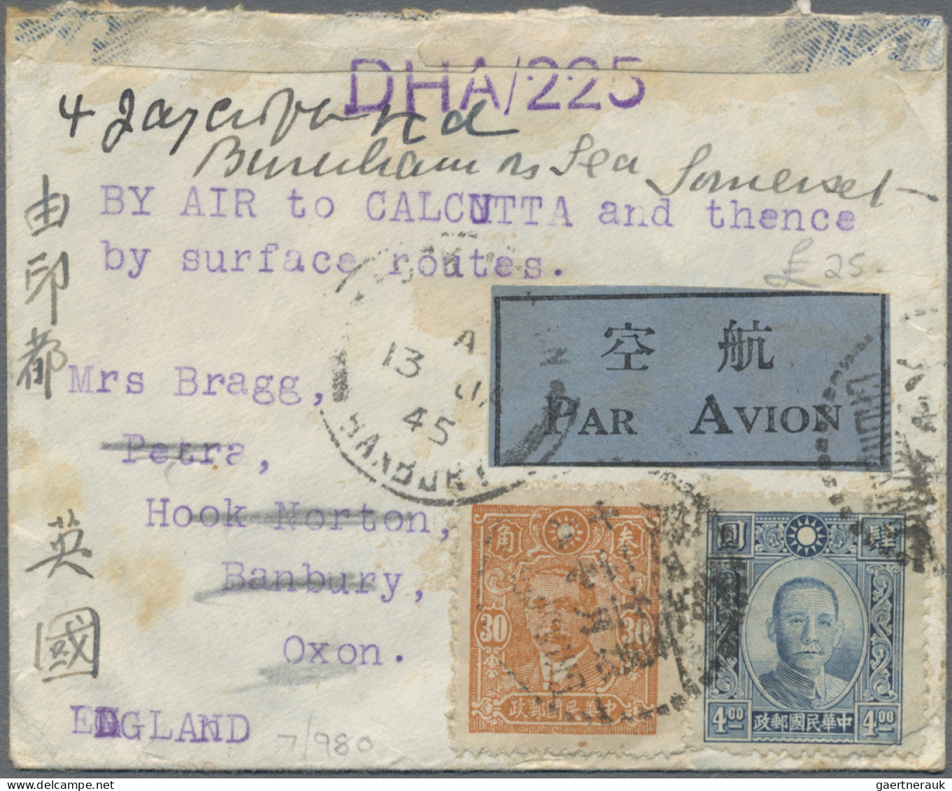 China: 1942/45, Very Small Airmail Cover Addressed To Banbury, England Bearing S - Covers & Documents