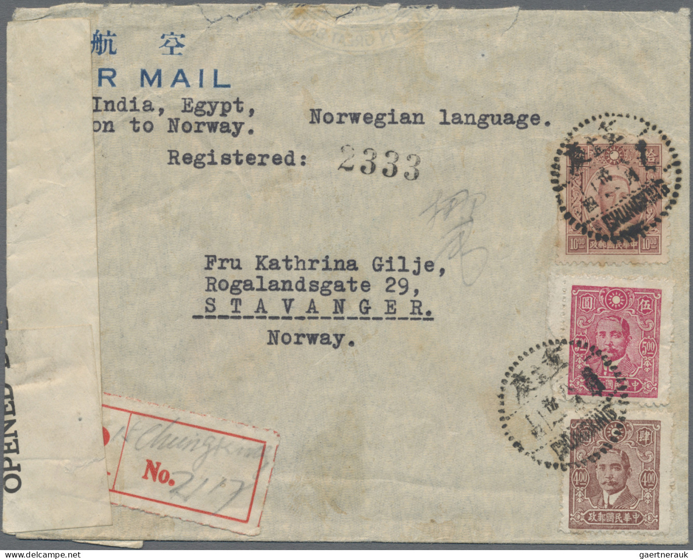 China: 1942/45, Registered Airmail Cover Addressed To Stavanger, Norway Bearing - Covers & Documents