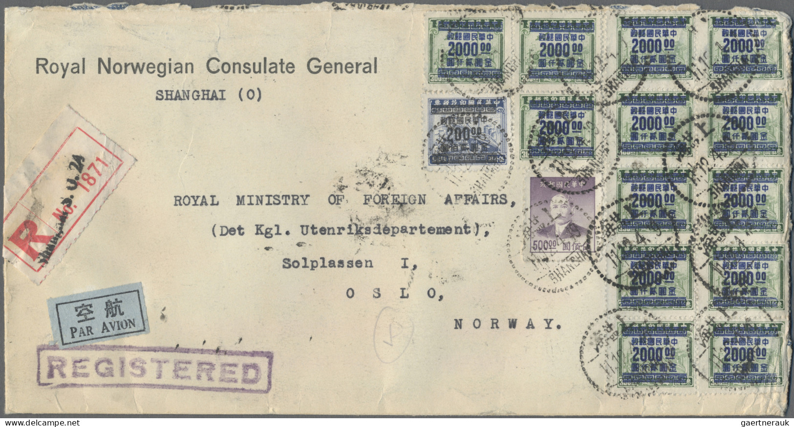 China: 1949, Heavy Registered Airmail Cover Of The Royal Norwegian Consulate Gen - Covers & Documents