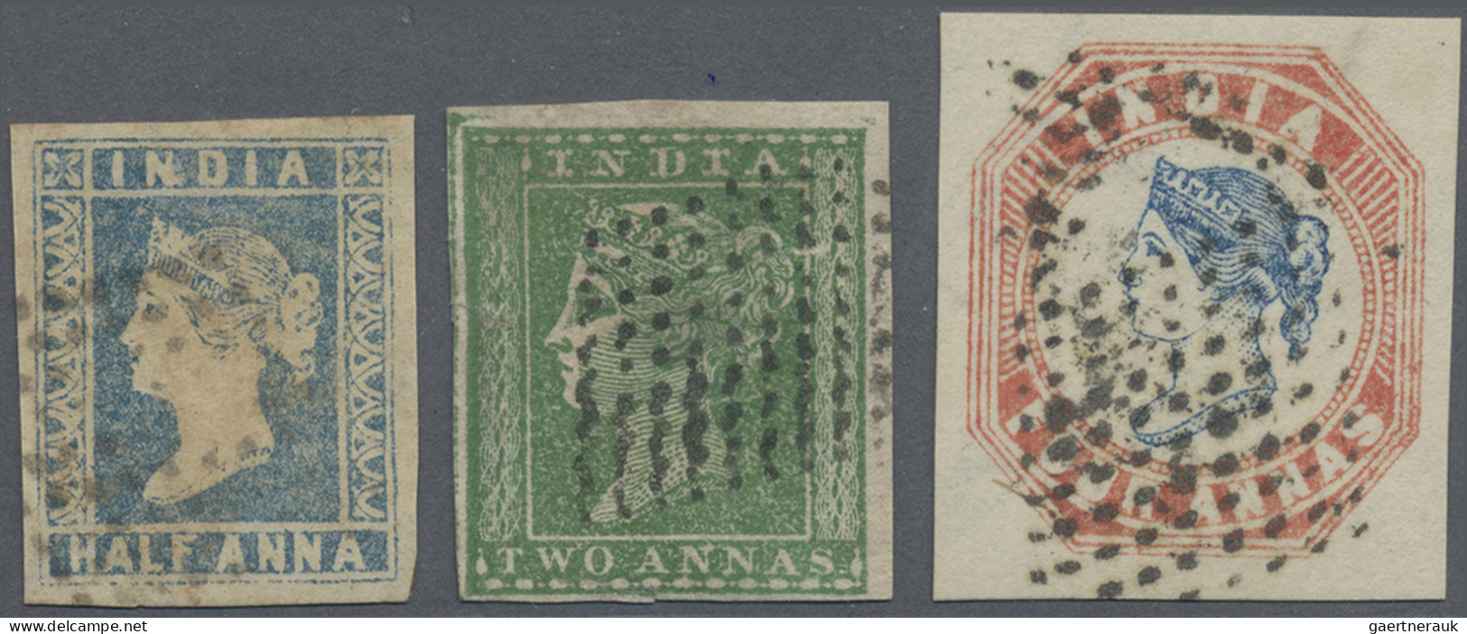 India: 1854 Set Of Three Imperforate Stamps, With ½a. Blue (Die I), 2a. Green Wi - 1854 Britse Indische Compagnie