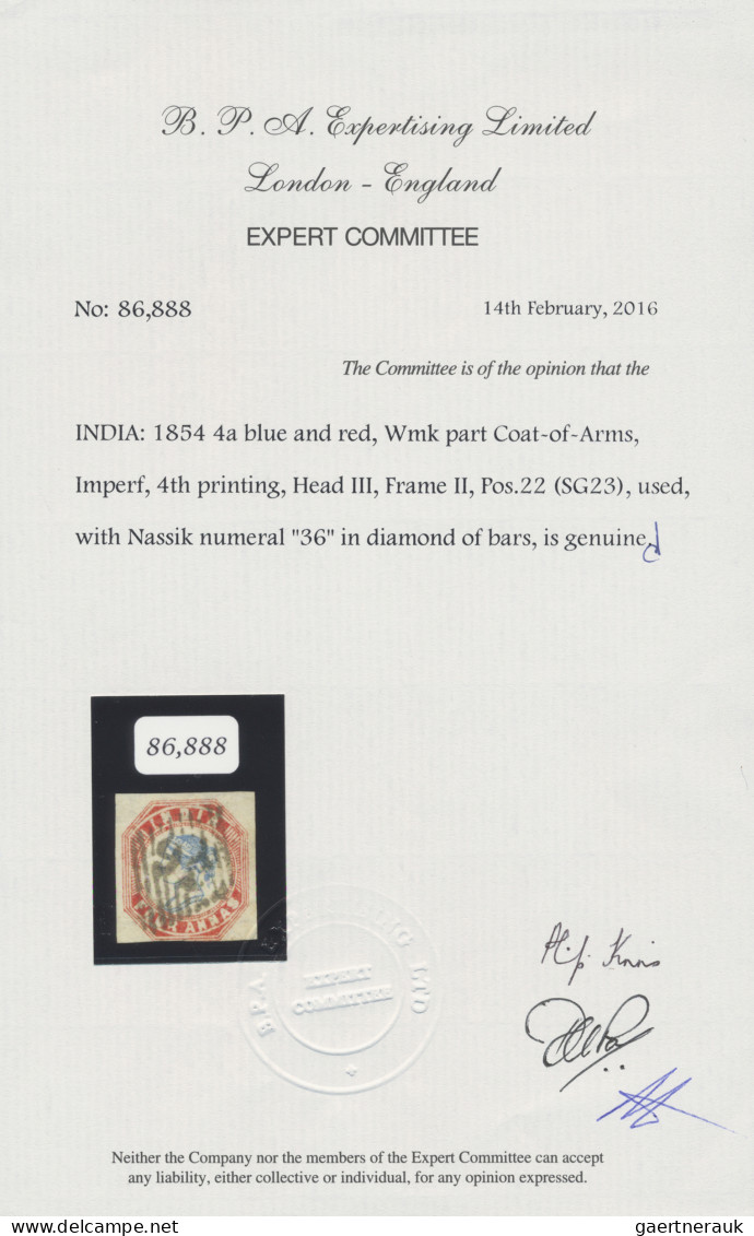 India: 1854 Lithographed 4a. Blue & Red From 4th Printing, Sheet Pos. 22, Used W - 1854 East India Company Administration