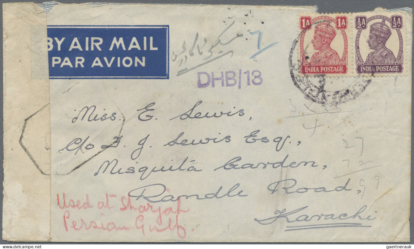 India  - Used Abroad: 1945 Censored Airmail Cover Sent From SHARJAH To Karachi, - Yémen