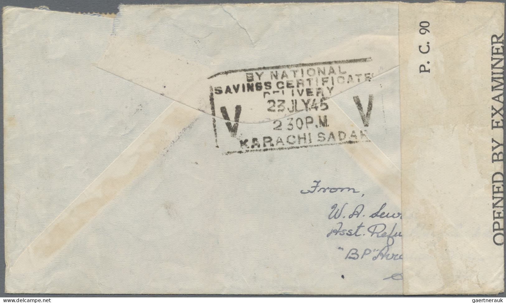 India  - Used Abroad: 1945 Censored Airmail Cover Sent From SHARJAH To Karachi, - Yemen