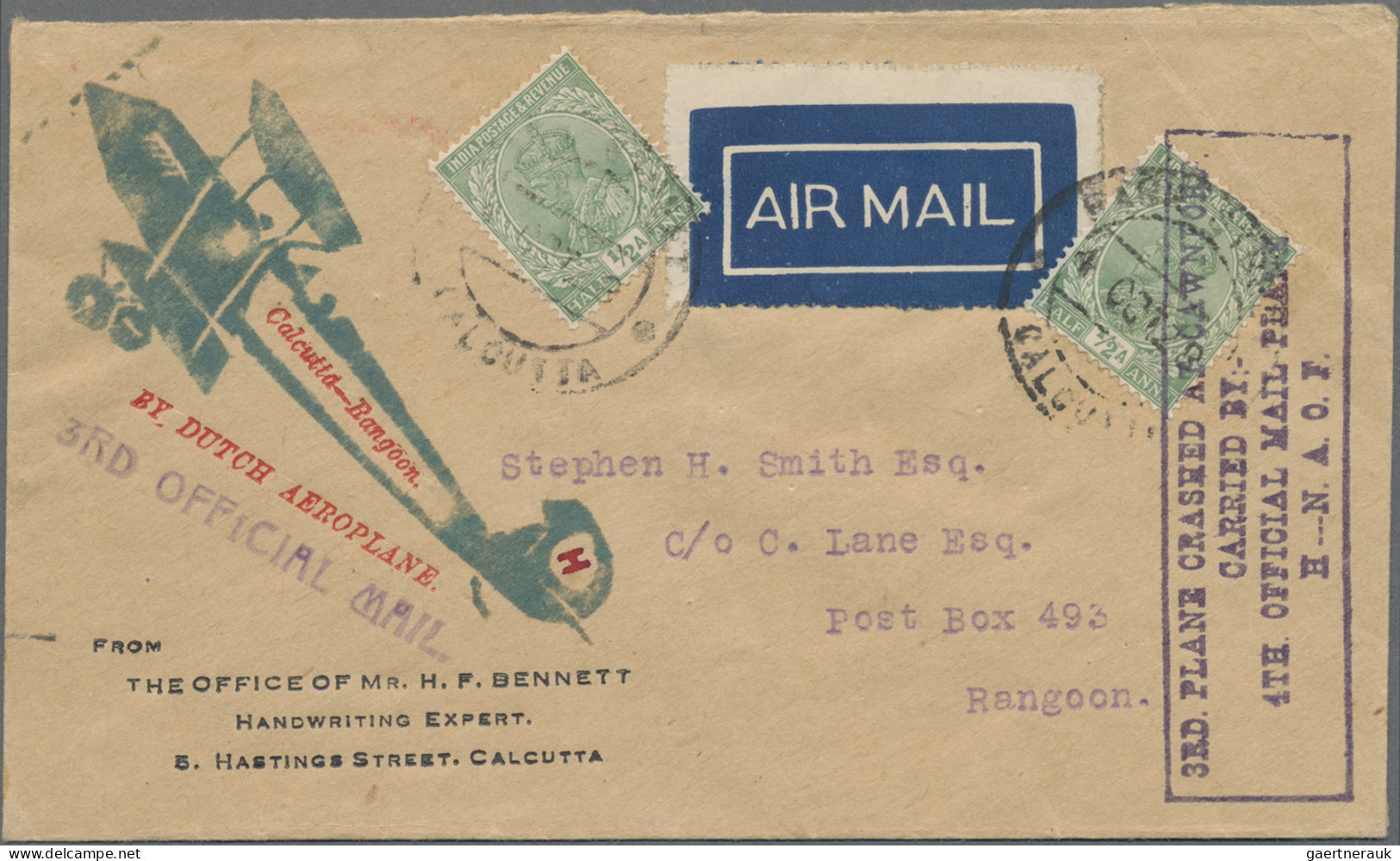 India - Air Mail: 1928, 4 October, Cacheted Airmail Cover "Calcutta-Rangoon. / B - Poste Aérienne