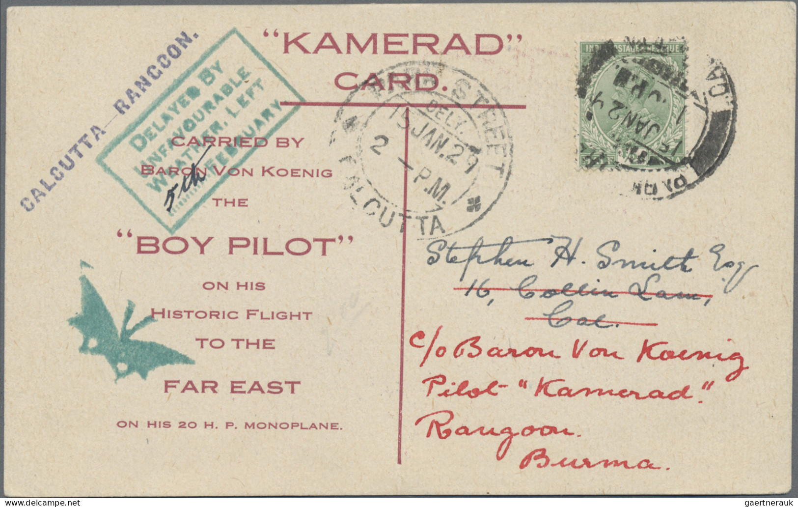 India - Air Mail: 1929, 15 January, Baron Von Koenig Flight Berlin To Tokyo, Cal - Airmail