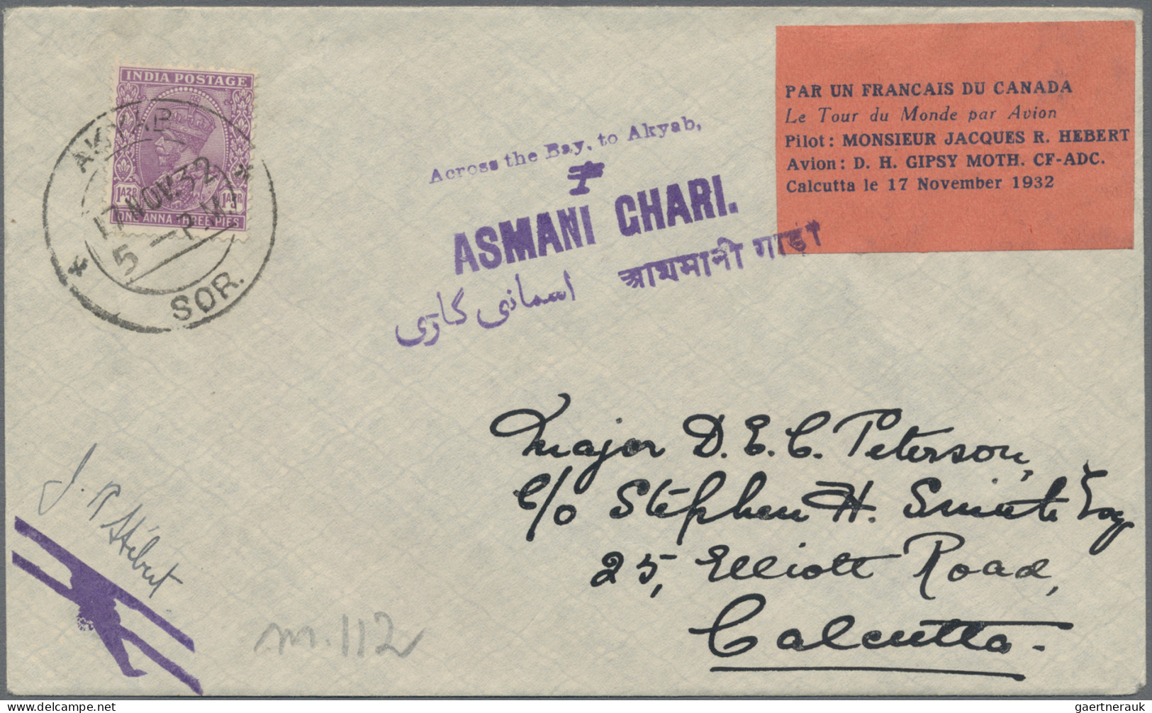 India - Air Mail: 1932 ASMANI GHARI Stage Akyab-Calcutta (17.11.1932) By French - Poste Aérienne