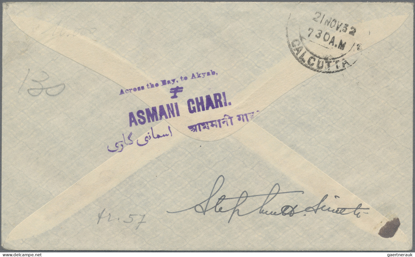 India - Air Mail: 1932 ASMANI GHARI Stage Akyab-Calcutta (17.11.1932) By French - Airmail
