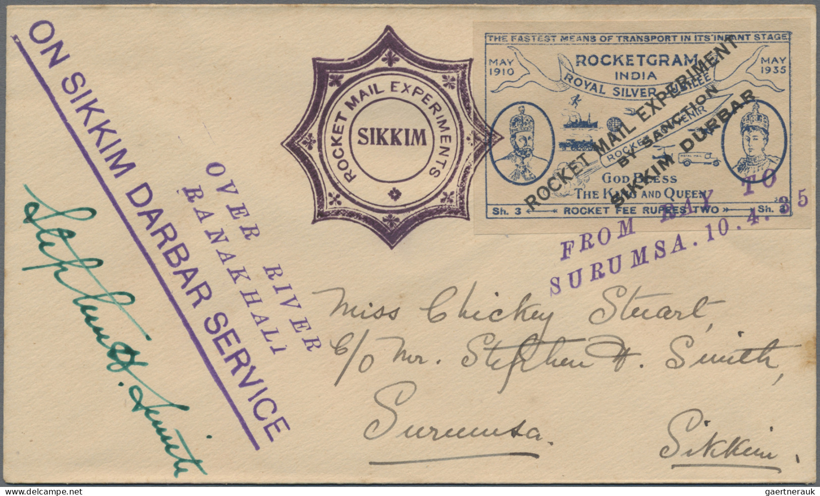 India - Rocket Mail: 1935 (7.-10. April) SIKKIM ROCKET MAIL: Four different cove