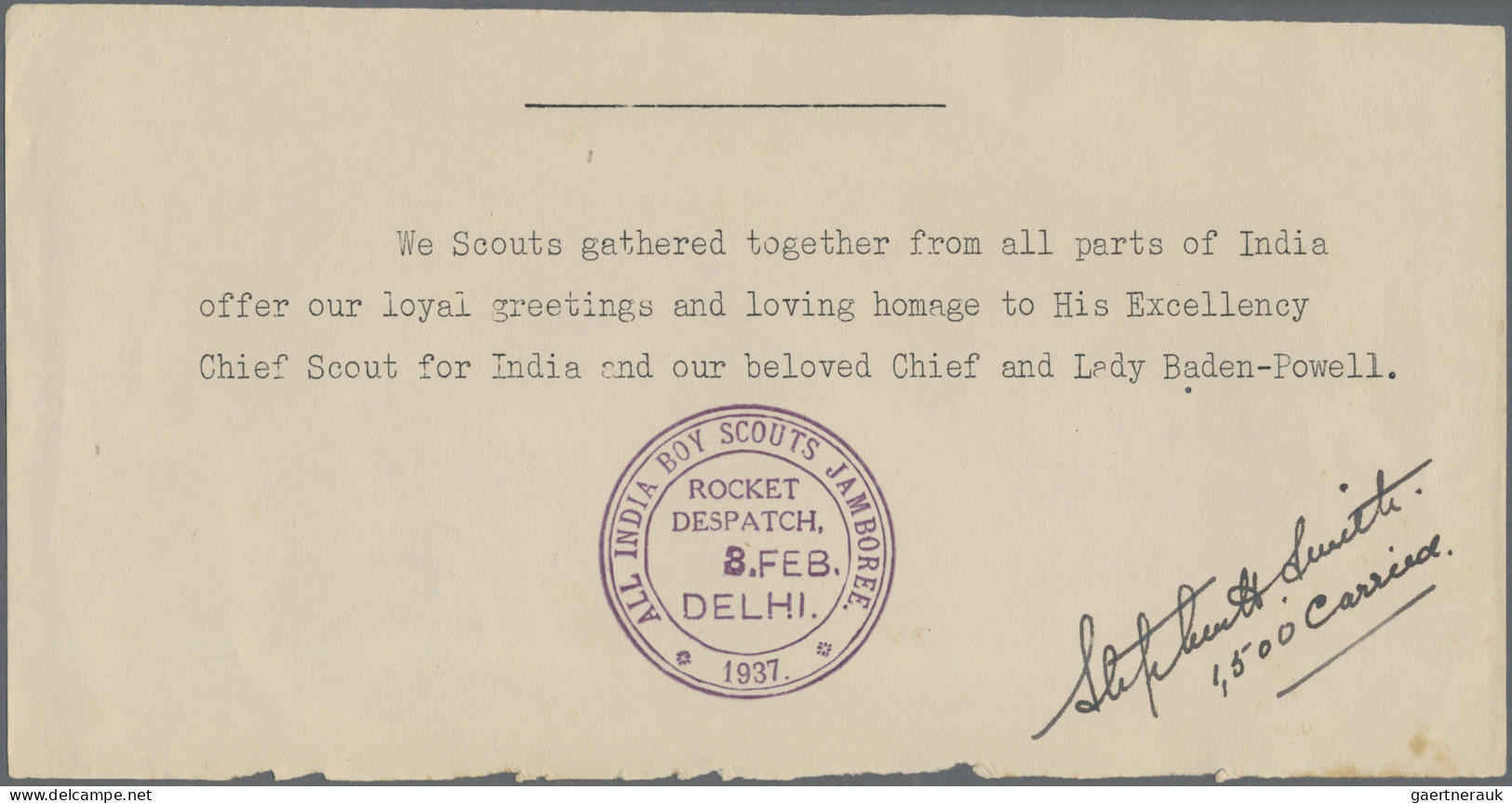 India - Rocket Mail: 1937 (3 Feb.) "ALL INDIA SCOUTS JAMBOREE/DELHI 1937": Cover - Autres & Non Classés