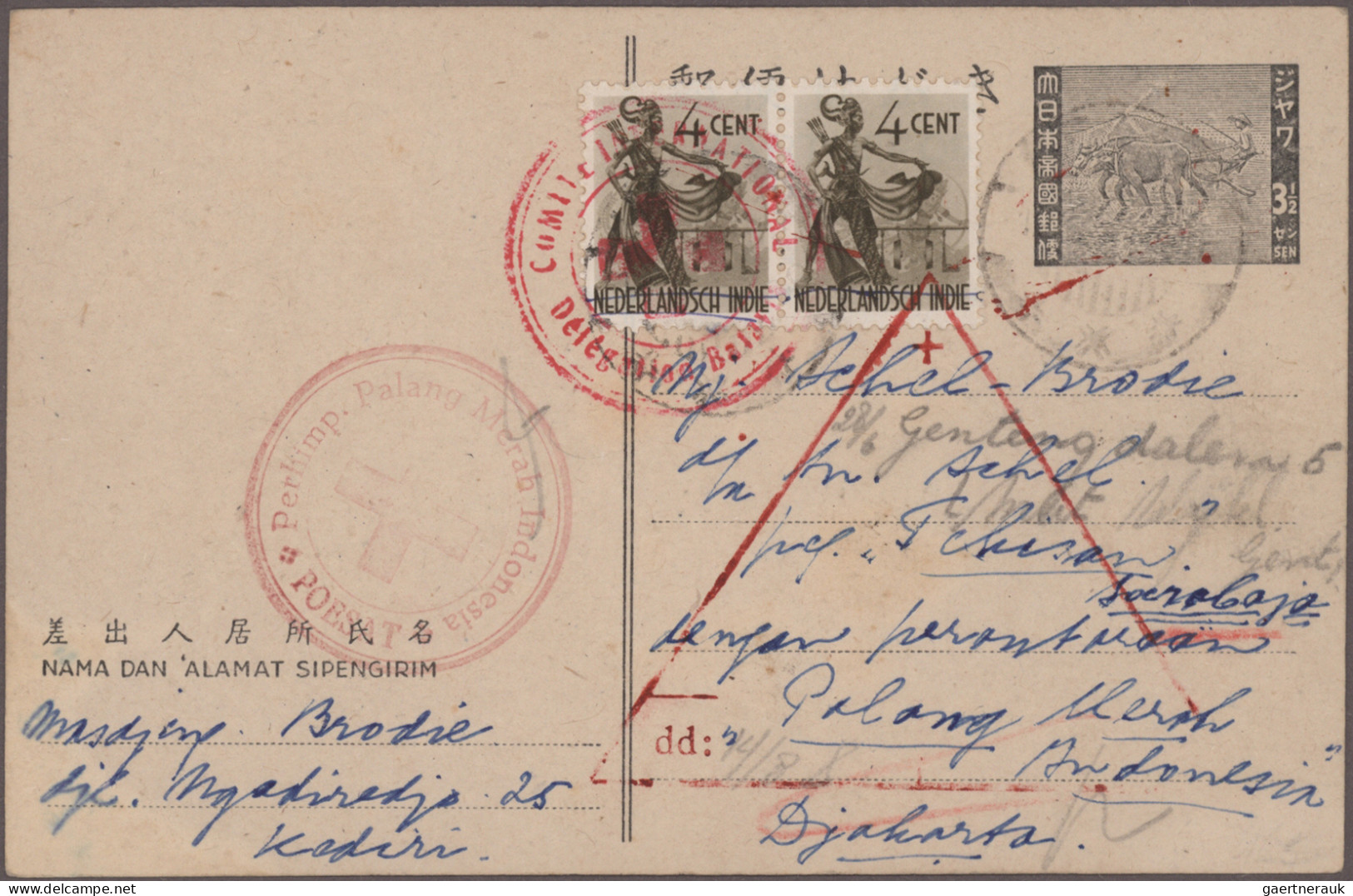 Indonesia: 1946, Japanese Occupation Card 3 ½ C. Uprated DEI 4 C. Pair ("NL-Indi - Indonesië