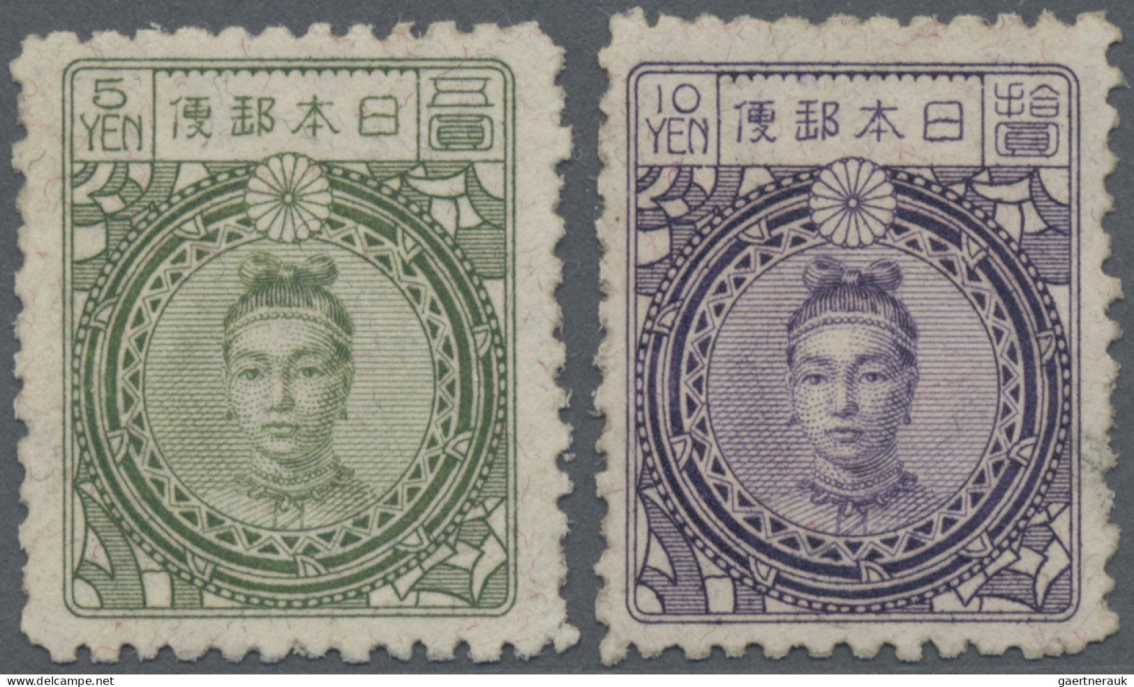 Japan: 1924, Empress Jingu 5 Y. Green And 10 Y. Violet, The 10 Y. Small Thin On - Autres & Non Classés