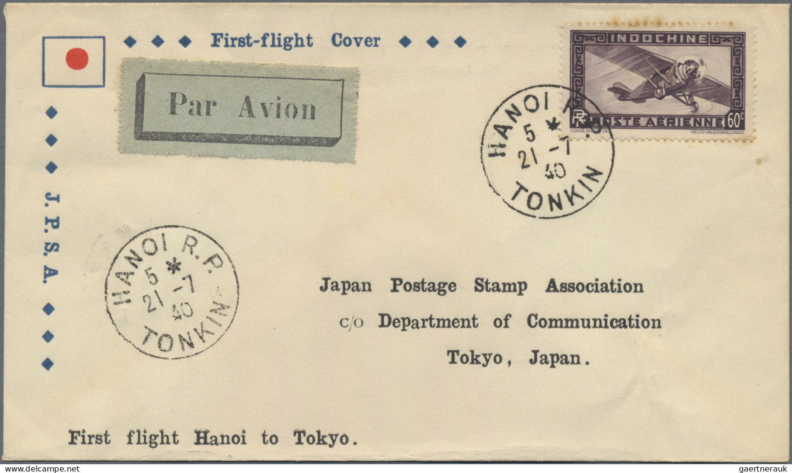 Japan: 1940, Tokyo-Hanoi FFC By JPSA, Both Directions: 70 Sen Frank "TOKYO 14.7. - Autres & Non Classés