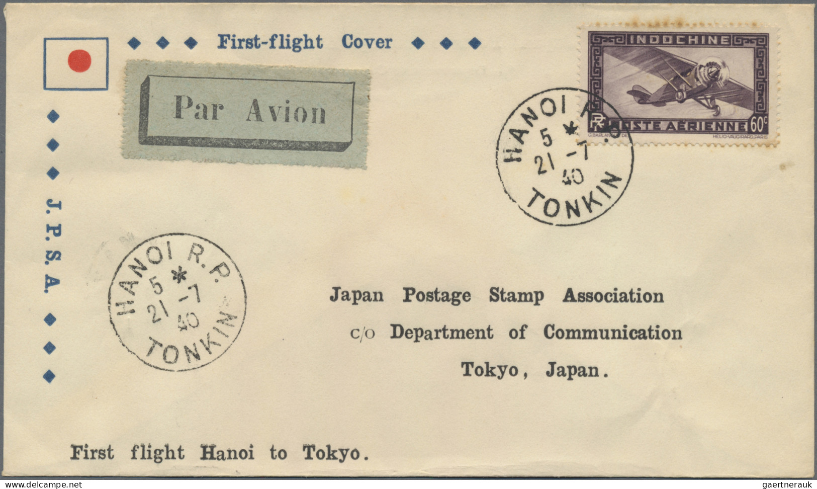 Japan: 1940, Tokyo-Hanoi FFC By JPSA, Both Directions: 70 Sen Frank "TOKYO 14.7. - Other & Unclassified