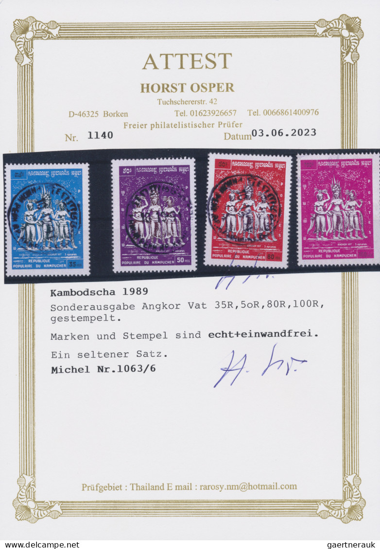 Cambodia: 1989 'Angkor Vat' Complete Set Used, Fresh And Fine. H. Osper Certific - Cambodge