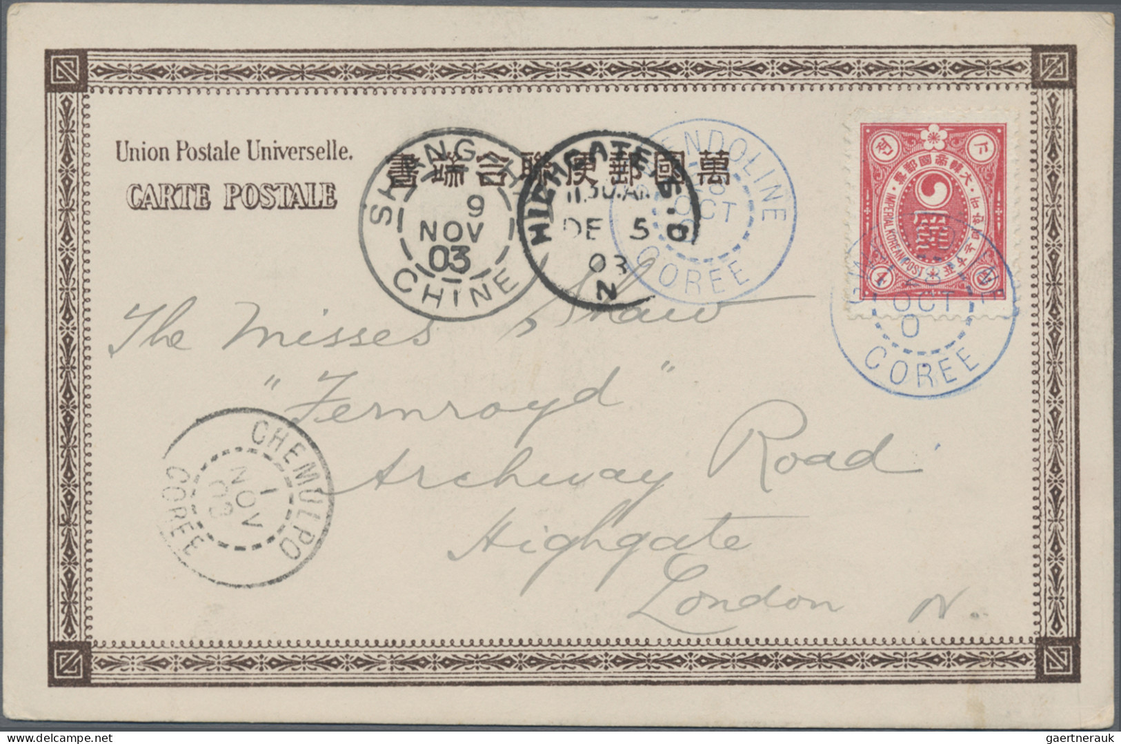 Korea: 1900, Ewha 4 Ch. Tied Blue "GWENDOLINE 28 OCT 0." With Another Strike Alo - Korea (...-1945)