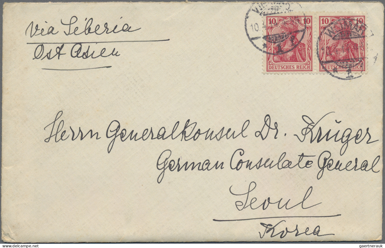 Korea: 1914, Germany, 10 Pf. Carmine Pair Tied "WISMAR 10.4.14" To Cover Via Sib - Korea (...-1945)