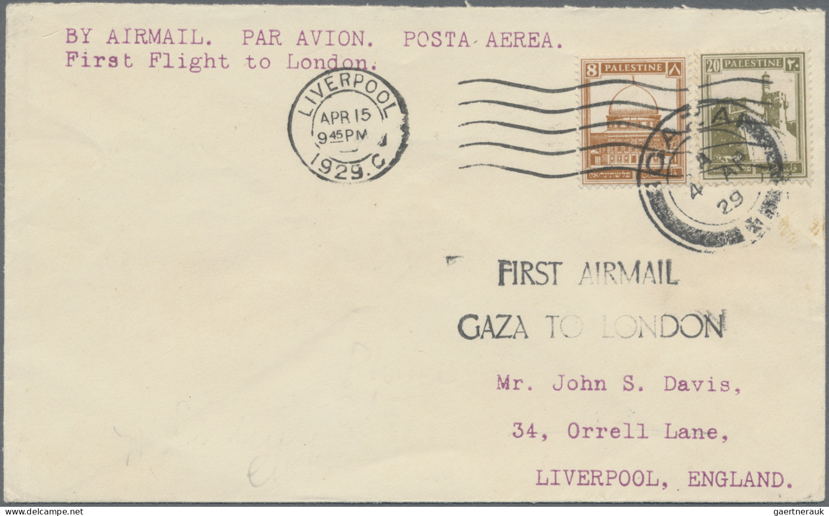 Palestine: 1929 First Flight GAZA-LONDON Cover Franked 28m. (rate For Single Wei - Palestina