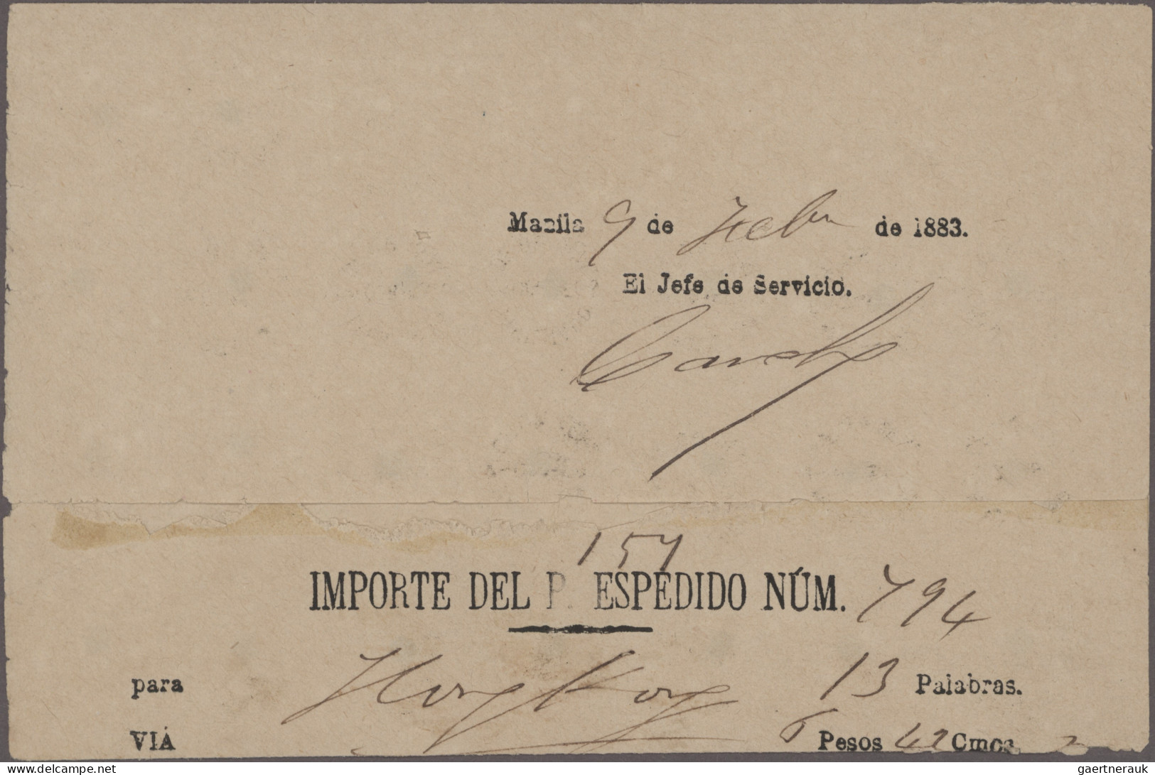 Philippines: 1883/84 Two Receipts "Importe Del P. Espedido Núm", One From Manila - Philippines