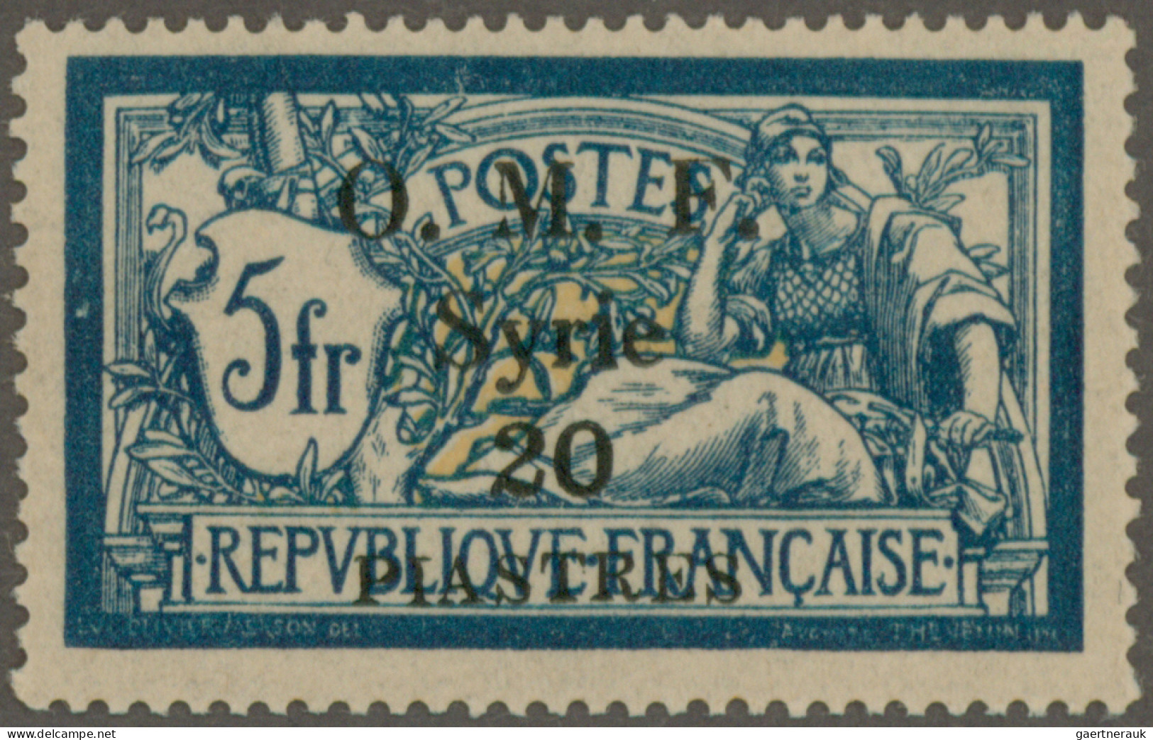 Syria: 1920, 20pi. On 5fr. Blue/cream, Gedeon Printing In Thin Letters, Mint Nev - Syrien