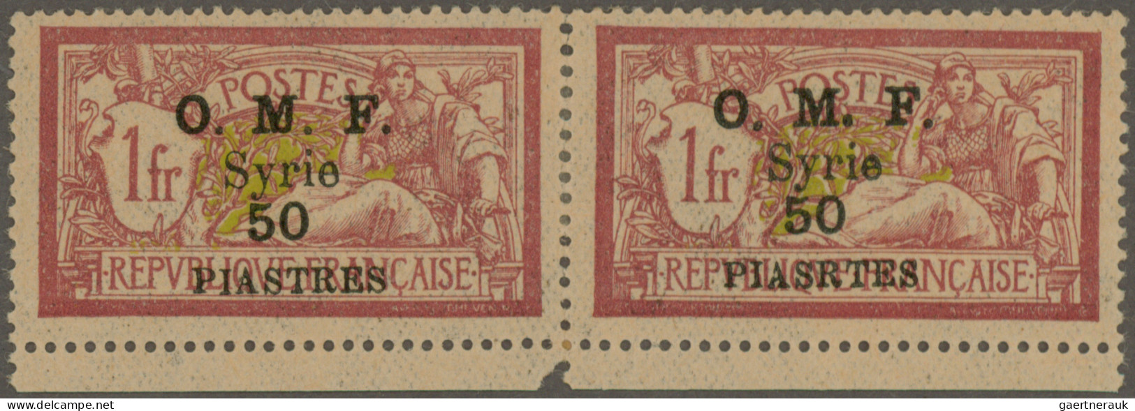 Syria: 1920, 50pi. On 1fr. Carmine/olive, Surcharge Type III, Previous Bottom Ma - Syrië