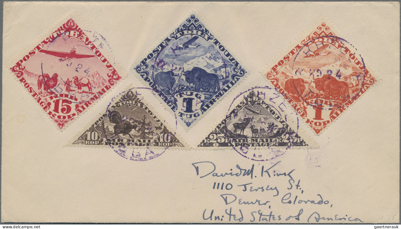 Tuva: 1934 Air Set To 2t., Complete But 75k., Used On Front Resp. On Back Of Cov - Touva