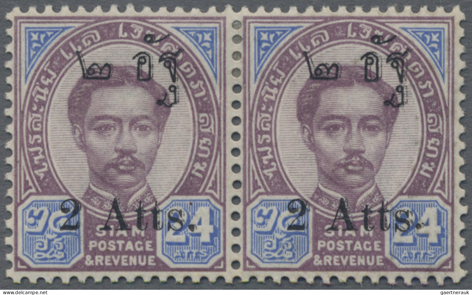 Thailand: 1908 King Rama V. Provisional 2a. On 24a. Horizontal Pair, Variety "KI - Thaïlande